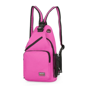 Detail of rose pink multifunctional oxford bag showing earphone port and side mesh pocket