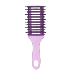 Detail view of pink and purple vented hairbrush with ergonomic handle and hanging hole