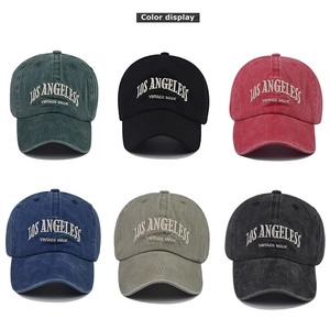 Six colors of vintage washed cotton baseball caps with Los Angeles embroidery on front