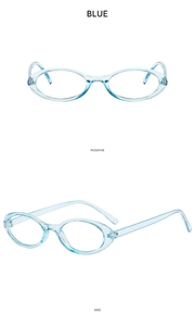 Detail view of oval teal transparent eyeglass frames showing positive and side angles