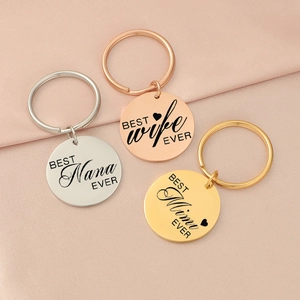 Detailed view of round stainless steel keychains in silver, rose gold, and gold finishes