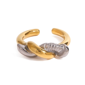 Bague ouverte torsadée bicolore en acier inoxydable doré et argenté poli brillant