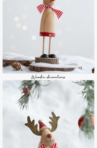 Macro detail of wooden Christmas ornaments featuring hand-painted reindeer and snowmen