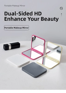 Detailed view of portable double-sided makeup mirrors in various soft pastel colors