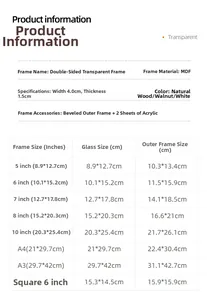 Size chart for double-sided acrylic picture frames showing MDF dimensions and specifications