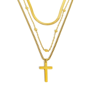Three-layer gold titanium steel necklace featuring a cross pendant and flat snake chain