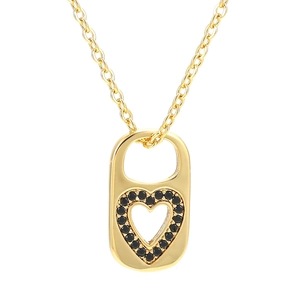 Vintage gold heart lock necklace with micro-paved black zircon stones on a white background