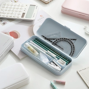 Large capacity layered pencil box in blue and white colors for stationery storage