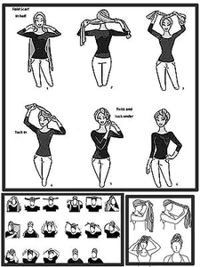 Step-by-step illustrations showing how to tie a milk silk headscarf in various styles