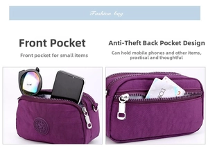 Detail of purple nylon crossbody bag showing front pocket and rear anti-theft zip pocket