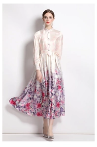 Detail of pink satin floral dress showing high collar and elegant long lantern sleeves
