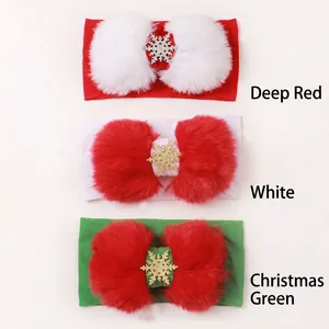 Infant snowflake plush bow headbands in red, white and green for Christmas hair styling