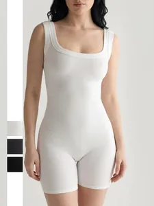 Women Sleeveless Romper Jumpsuit Ribbed Knit Square Neck Slim Fit Summer Yoga Sports Athletic