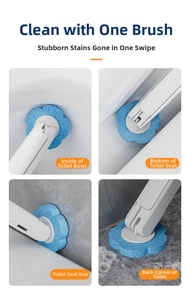 Detailed views of disposable toilet brush cleaning corners and rim gaps with sponge head