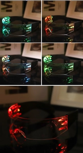 Detailed views of multi-color LED futuristic cyberpunk glasses with acrylic side lighting