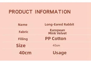 Tabella delle specifiche del peluche a forma di coniglio da 40cm con dettagli sui materiali