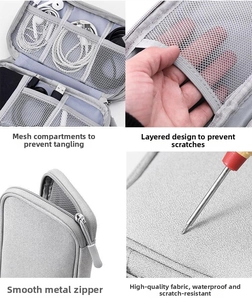 Detail view of the gray digital accessory bag featuring mesh pockets and elastic straps