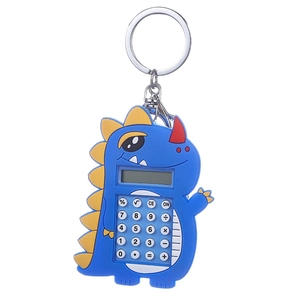 Blue dinosaur calculator keychain with 8-digit display and metal ring on white background