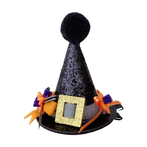Halloween mini wizard hat hair clip with black glitter, orange bow and gold buckle detail