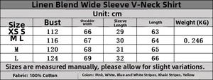 Detailed size chart for the V-neck linen-blend shirt showing measurements in centimeters