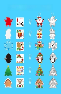 Detail of 6 DIY Christmas ornament designs with Santa, reindeer and tree craft kit