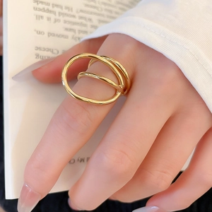 Polished gold multi-layer geometric ring worn for a minimalist and modern style