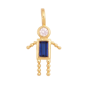 Macro d'un pendentif robot en laiton plaqué or 18K avec zircone bleue et pierre blanche