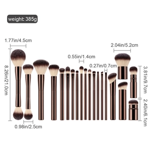 Detailed size chart for rose gold makeup brush set with weight and dimension specifications