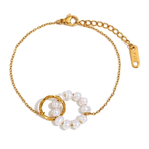 18K gold plated stainless steel double ring bracelet with white pearls for women