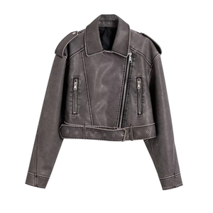 Détails du blouson motard en similicuir gris avec fermetures éclair et ceinture