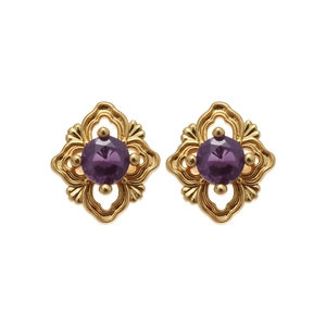 Vintage gold rhombus stud earrings with round purple zircon and baroque filigree carvings