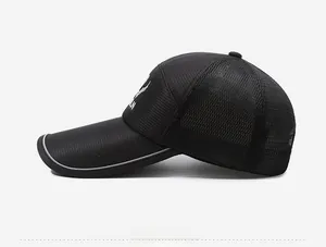 Side view of black mesh fishing cap with extended brim and deer head embroidery