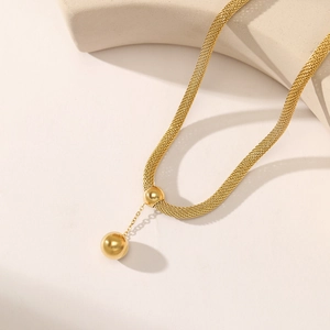 Modern 14K gold-plated stainless steel mesh chain necklace with double ball pendants