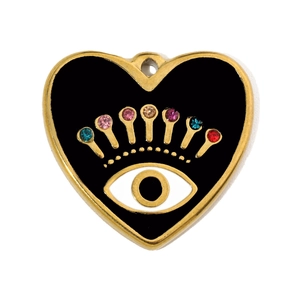 Détail de pendentif cœur doré avec émail noir et œil orné de strass multicolores