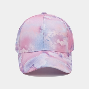 Close-up of pink and purple tie-dye baseball cap with detailed fabric stitching