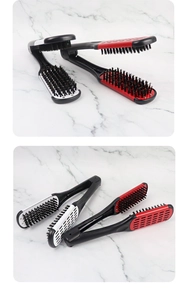 Dual-color V-shaped hair straightener brush with bristles and hollow back design