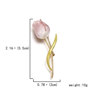 Detail view showing dimensions of pink enamel tulip brooch with golden metal stem and leaves