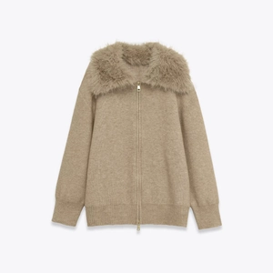 Elegant Women Knit Jacket With Large Faux Fur Collar Solid Color Zipper Front Casual Long Sleeve Khaki Outerwear