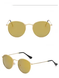 Front and 45-degree side views of round retro polarized sunglasses with gold metal frames