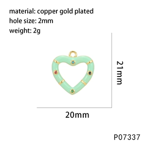 Detailed size specifications for heart-shaped enamel pendant with multicolor zircons