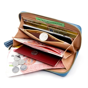 Blue long faux leather wallet with tassel zipper and multiple card compartments