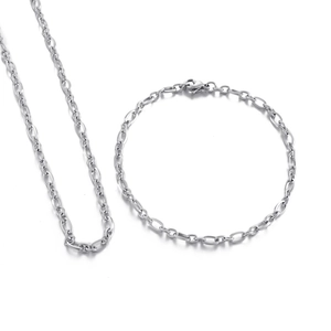 Sleek silver O-chain necklace and bracelet set with minimalist high-polish metal finish