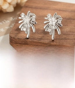 Macro shot of silver zircon fireworks stud earrings with detailed material specifications