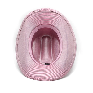 Detail view of pink and white striped western cowboy hat showing interior sweatband and lining