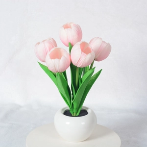 Pink LED tulip night light in white ceramic pot for home and bedroom decoration
