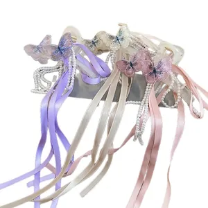 Set di 3 fermagli per capelli a farfalla ricamati con nappe di perle e nastri viola beige rosa