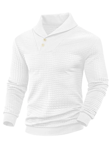 Detail of white waffle knit texture and two-button collar on men's long sleeve sweatshirt