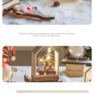 Detail of wooden Christmas gnome scene featuring warm LED lights and festive snow decorations