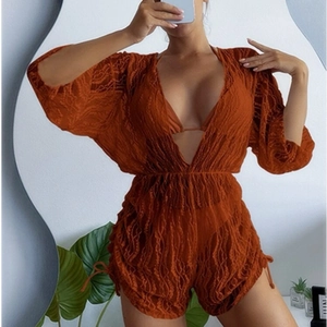 Caramel mesh lace hollow-out beach cover-up with V-neck and drawstring details