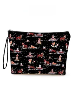 Detail of dog sled pattern on polyester toiletry bag with zipper and lanyard